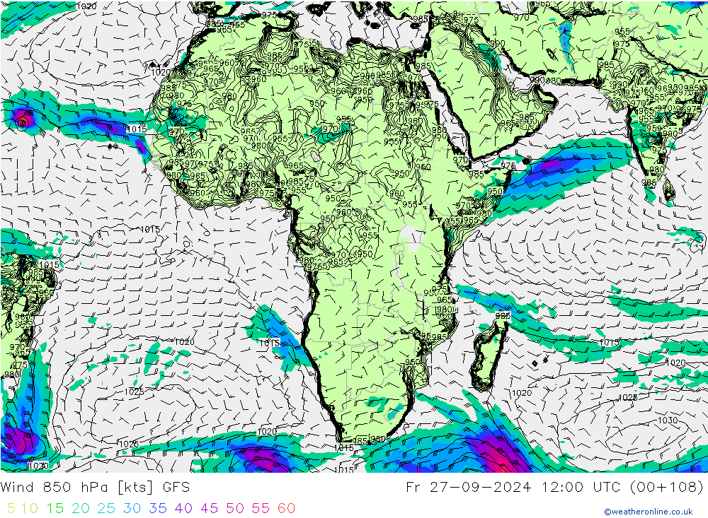 Vento 850 hPa GFS ven 27.09.2024 12 UTC