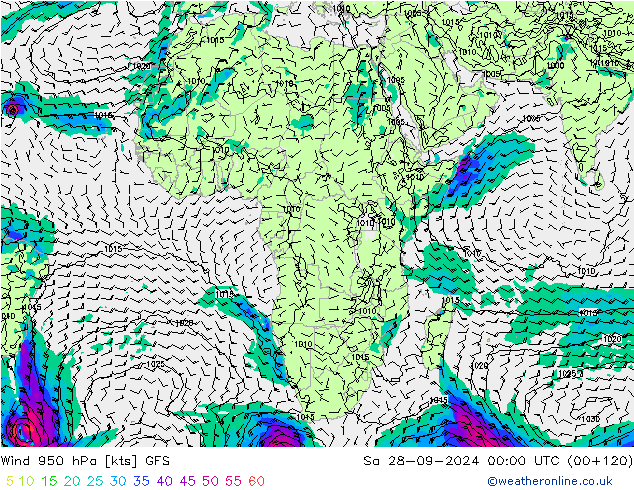 Vent 950 hPa GFS sam 28.09.2024 00 UTC