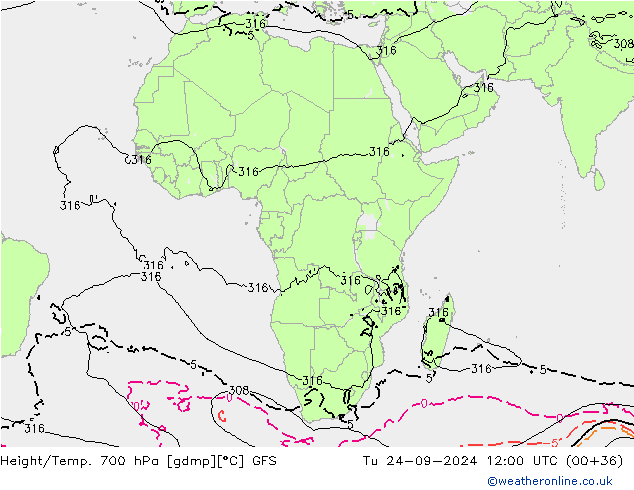 Height/Temp. 700 гПа GFS вт 24.09.2024 12 UTC