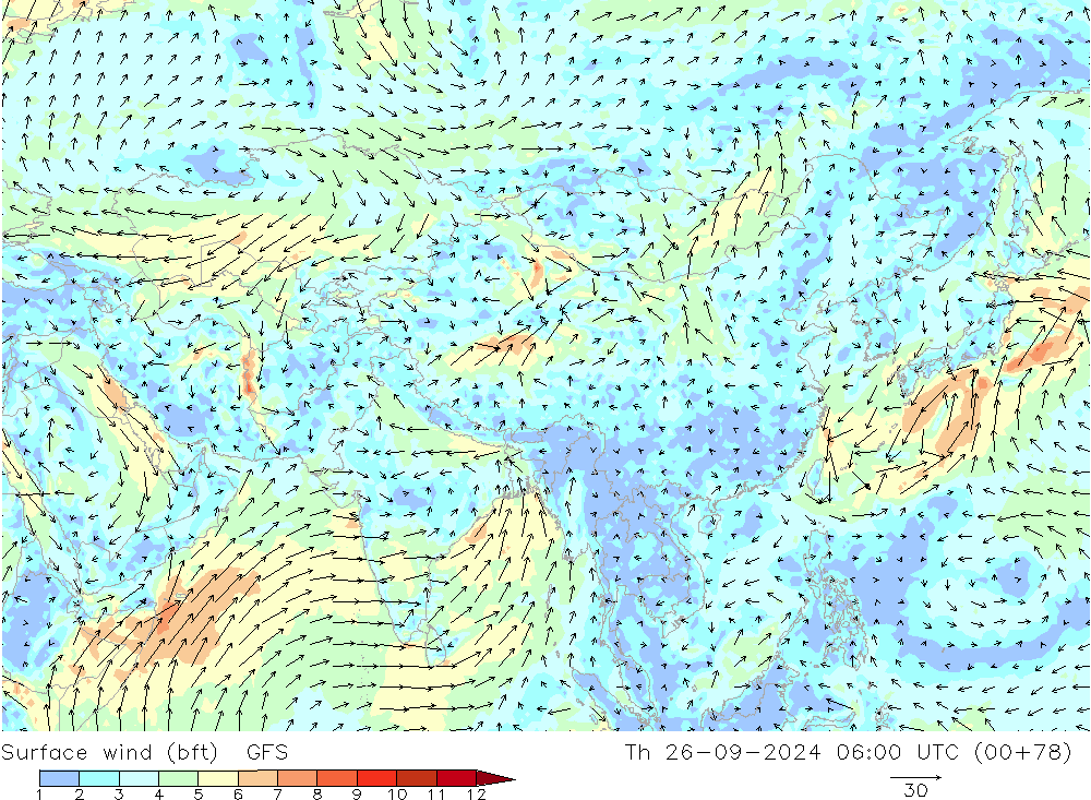 Rüzgar 10 m (bft) GFS Per 26.09.2024 06 UTC