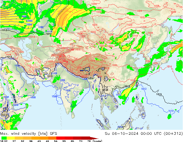 Max. wind velocity GFS dom 06.10.2024 00 UTC