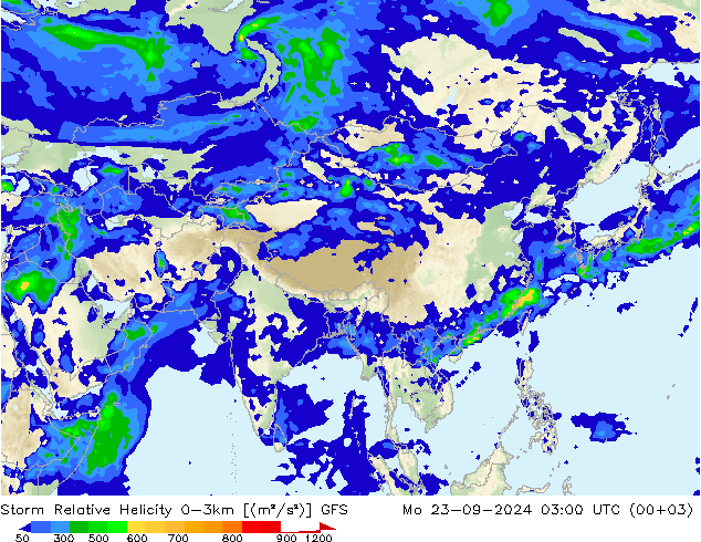 Storm Relative Helicity GFS Mo 23.09.2024 03 UTC