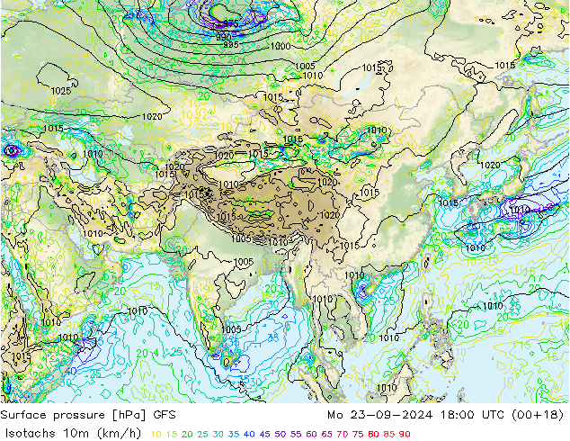 Eşrüzgar Hızları (km/sa) GFS Pzt 23.09.2024 18 UTC