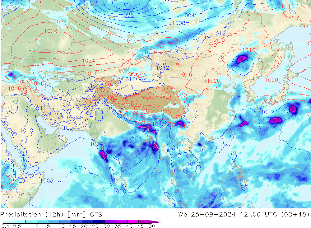 Totale neerslag (12h) GFS wo 25.09.2024 00 UTC