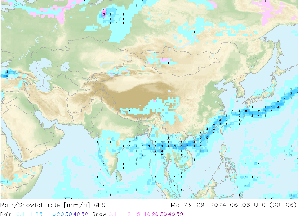 Rain/Snowfall rate GFS lun 23.09.2024 06 UTC