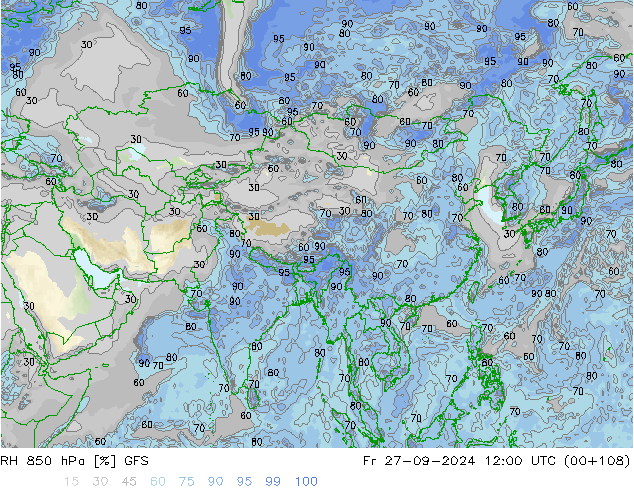 RH 850 гПа GFS пт 27.09.2024 12 UTC