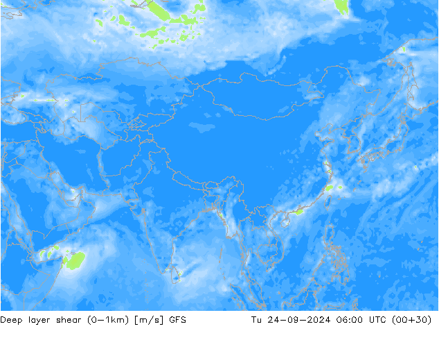 Deep layer shear (0-1km) GFS вт 24.09.2024 06 UTC