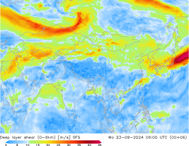 Deep layer shear (0-6km) GFS lun 23.09.2024 06 UTC