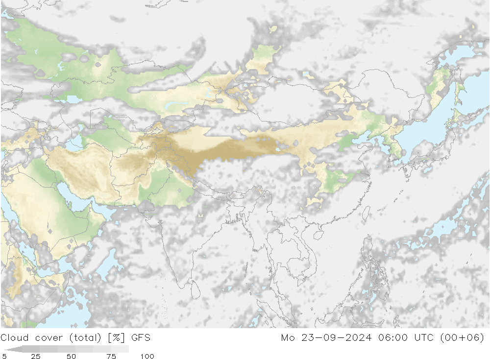 Cloud cover (total) GFS Po 23.09.2024 06 UTC