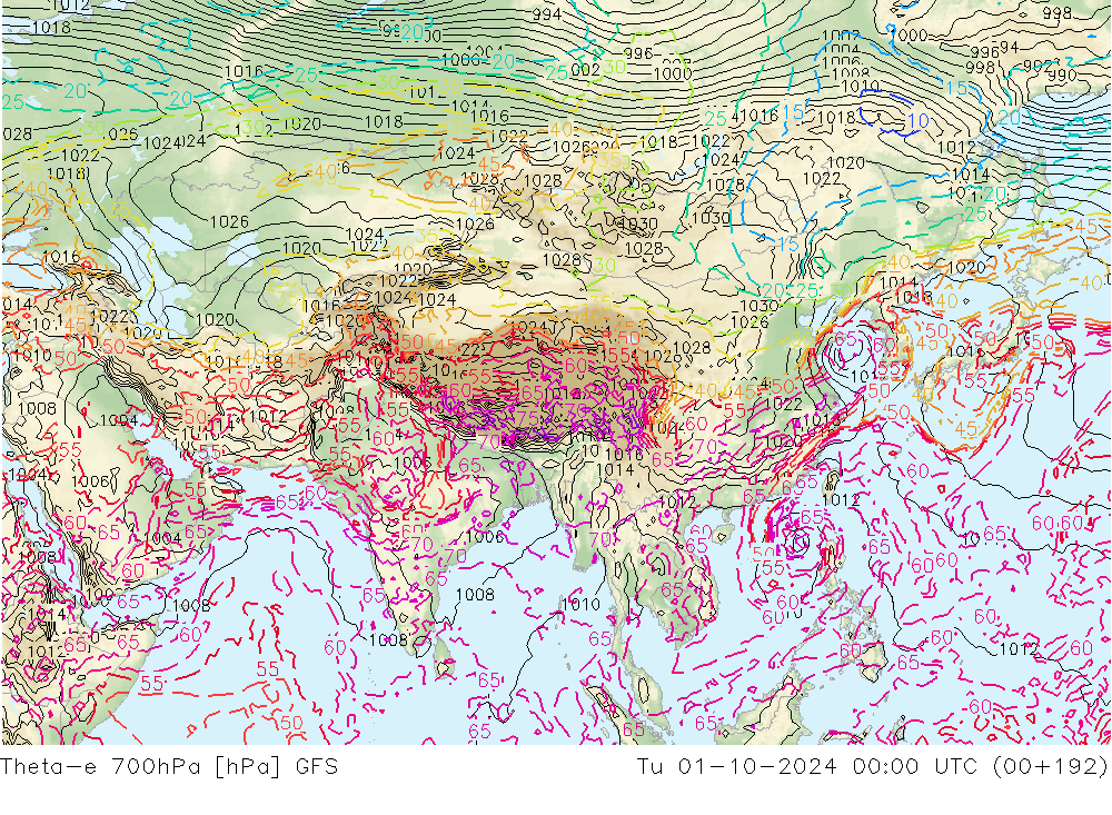 Theta-e 700hPa GFS wto. 01.10.2024 00 UTC