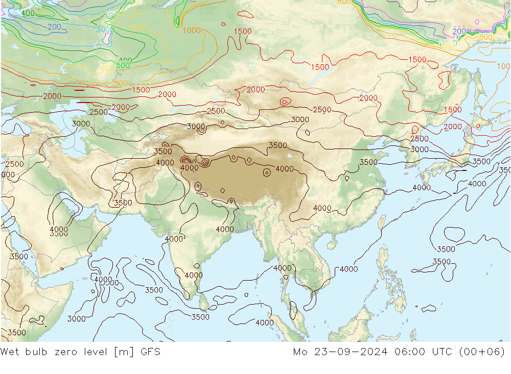 Wet bulb zero level GFS Mo 23.09.2024 06 UTC