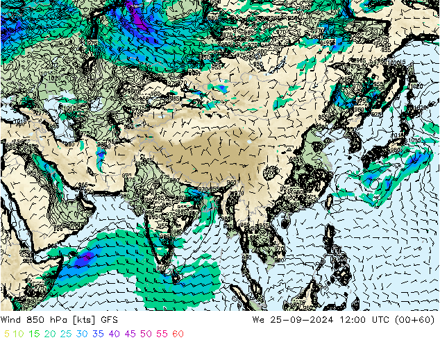 Rüzgar 850 hPa GFS Çar 25.09.2024 12 UTC