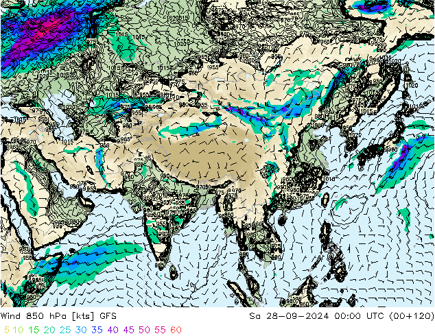 Vento 850 hPa GFS Sáb 28.09.2024 00 UTC