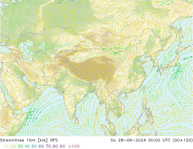 Linia prądu 10m GFS so. 28.09.2024 00 UTC