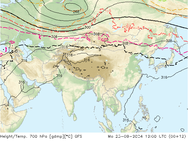 Geop./Temp. 700 hPa GFS lun 23.09.2024 12 UTC