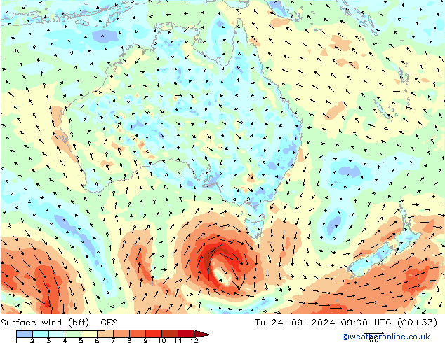 Rüzgar 10 m (bft) GFS Sa 24.09.2024 09 UTC