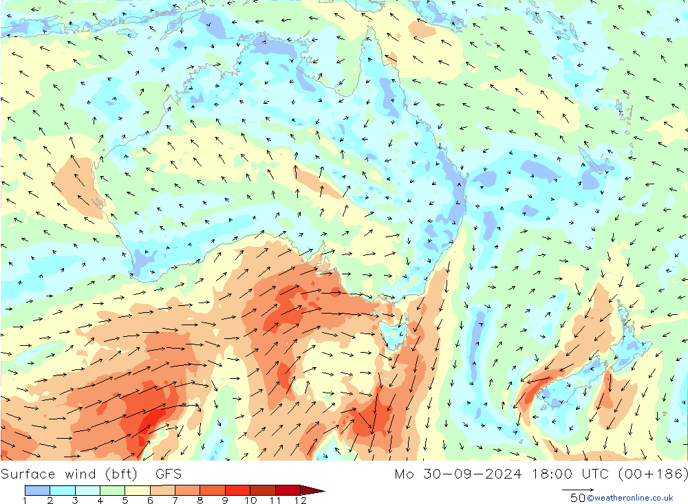 Vento 10 m (bft) GFS lun 30.09.2024 18 UTC