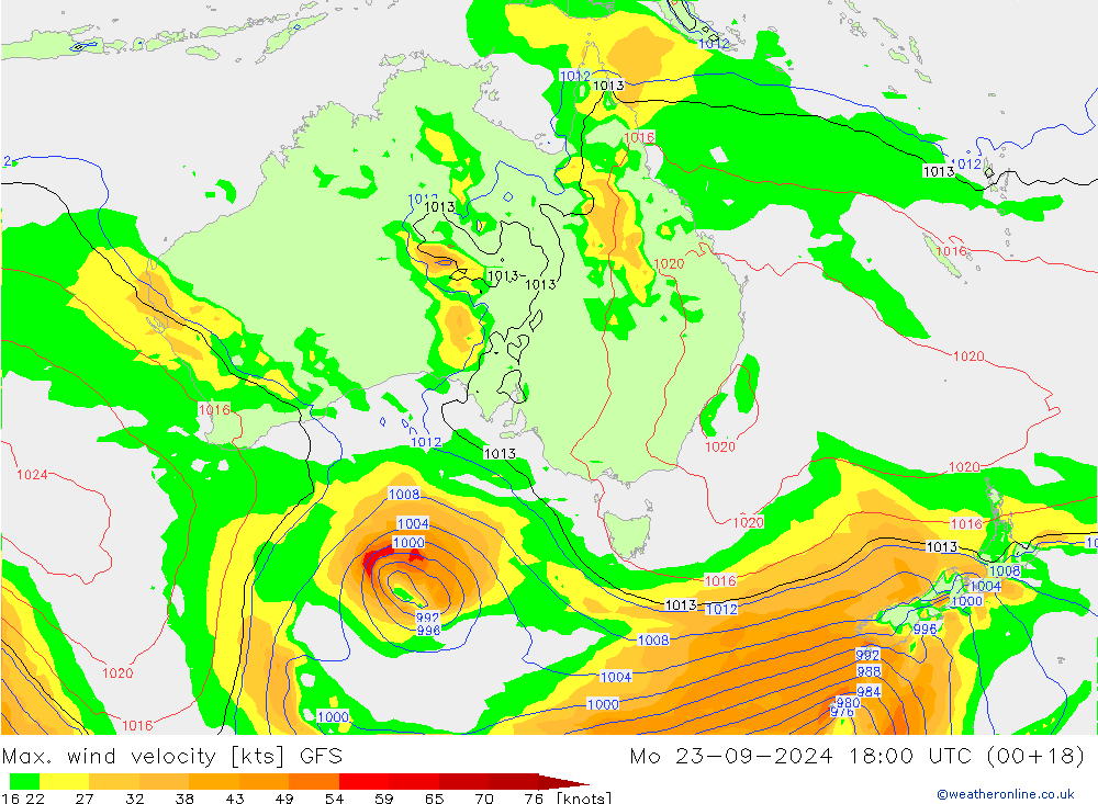 Max. wind velocity GFS Mo 23.09.2024 18 UTC