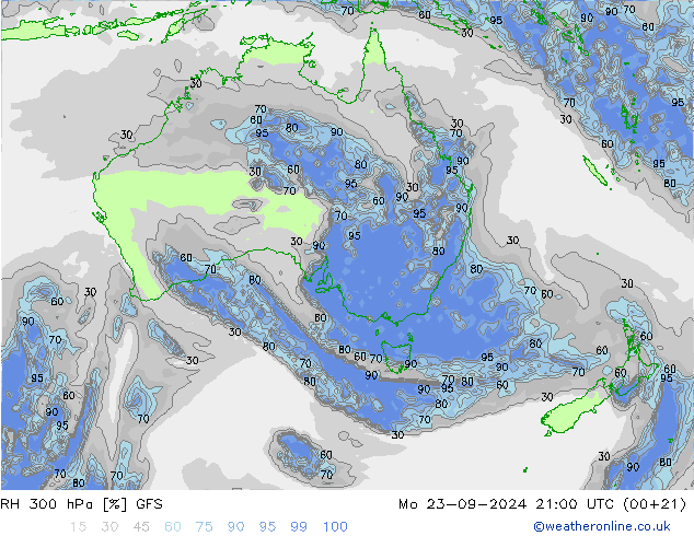 RH 300 hPa GFS Mo 23.09.2024 21 UTC