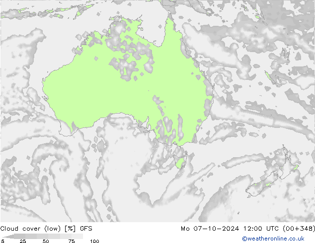 Cloud cover (low) GFS Mo 07.10.2024 12 UTC