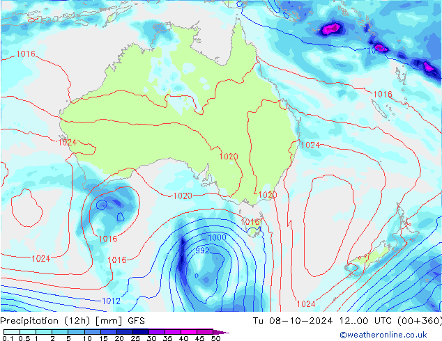 Precipitation (12h) GFS Tu 08.10.2024 00 UTC