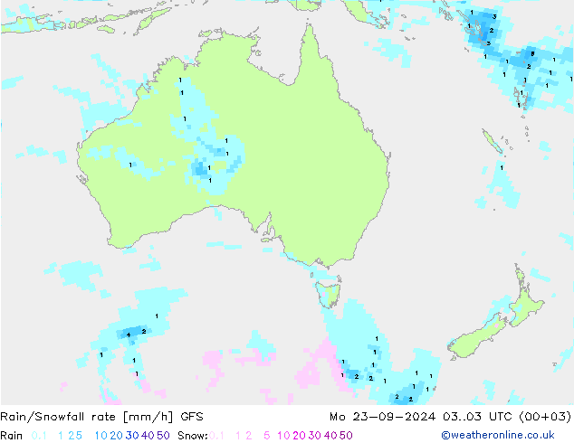 Rain/Snowfall rate GFS pon. 23.09.2024 03 UTC