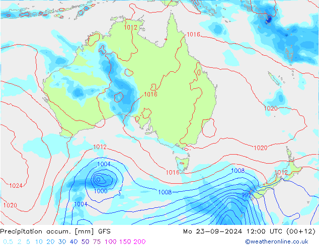 Precipitation accum. GFS Mo 23.09.2024 12 UTC