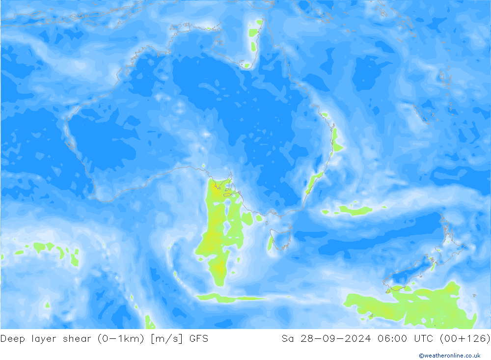 Deep layer shear (0-1km) GFS Sa 28.09.2024 06 UTC