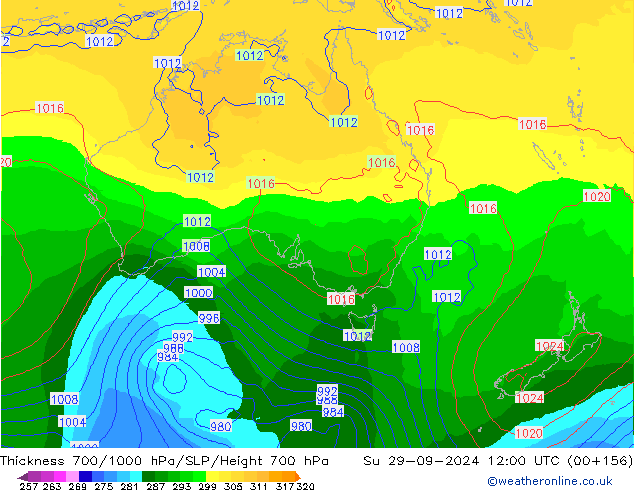 Thck 700-1000 hPa GFS dim 29.09.2024 12 UTC