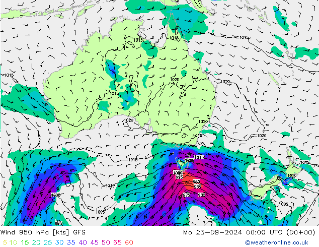 Wind 950 hPa GFS Mo 23.09.2024 00 UTC