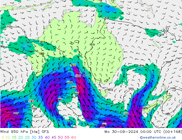 Wind 950 hPa GFS Mo 30.09.2024 00 UTC