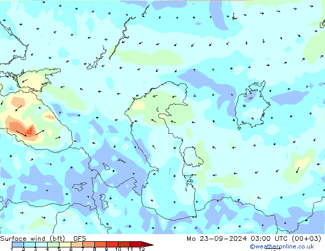 Surface wind (bft) GFS Po 23.09.2024 03 UTC