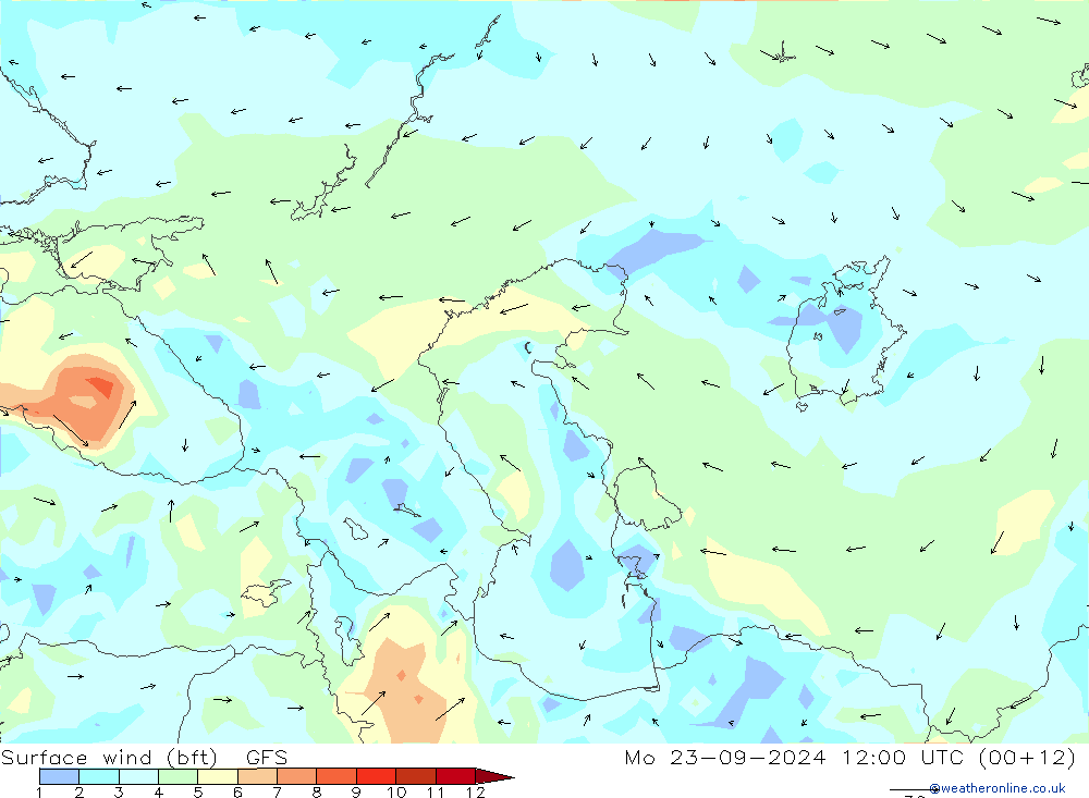 Surface wind (bft) GFS Mo 23.09.2024 12 UTC