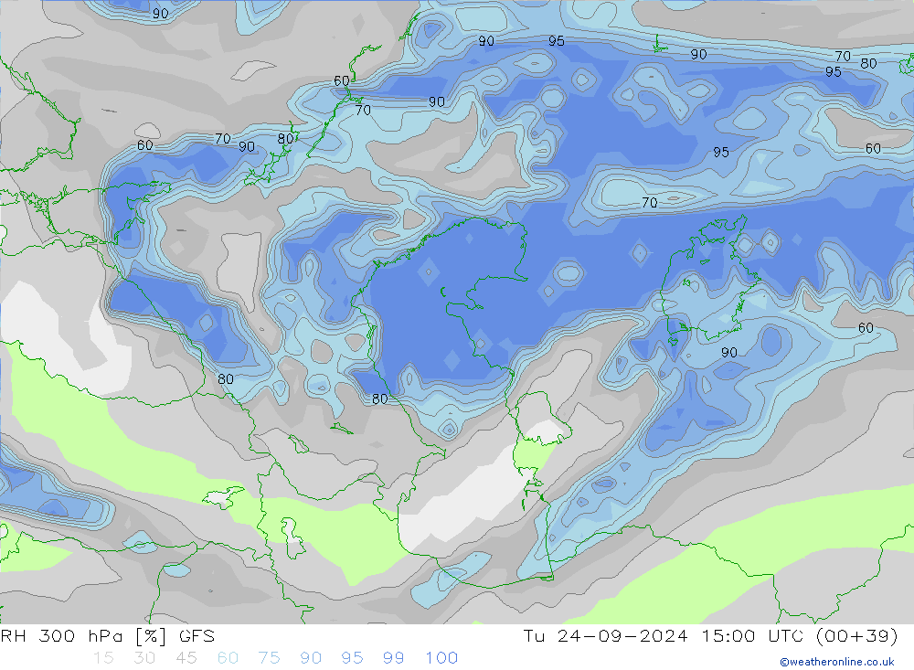 RH 300 hPa GFS Tu 24.09.2024 15 UTC