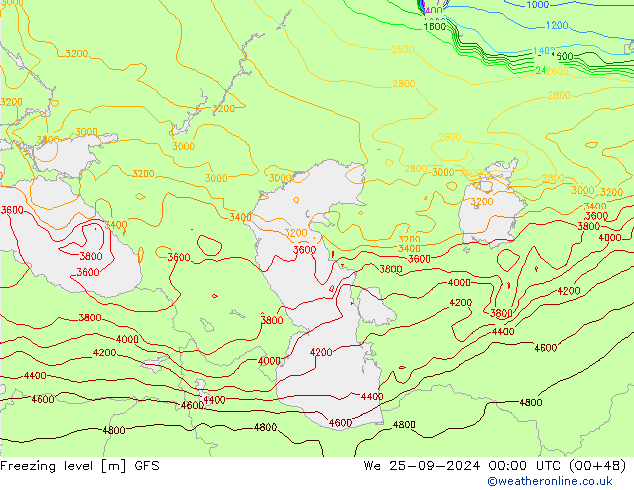 Freezing level GFS śro. 25.09.2024 00 UTC