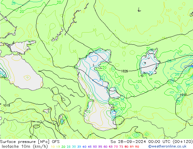 Isotachs (kph) GFS Sa 28.09.2024 00 UTC