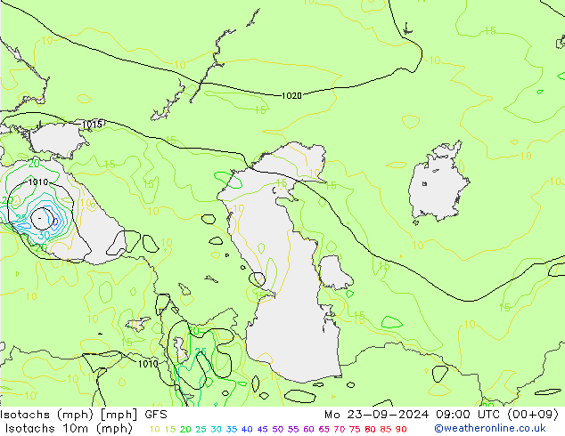 Isotachen (mph) GFS ma 23.09.2024 09 UTC