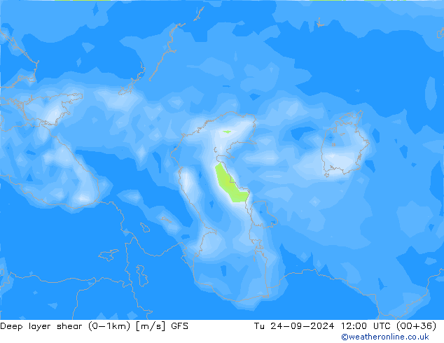 Deep layer shear (0-1km) GFS Tu 24.09.2024 12 UTC