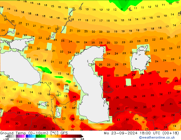 Temperatura del suelo (0-10cm) GFS lun 23.09.2024 18 UTC