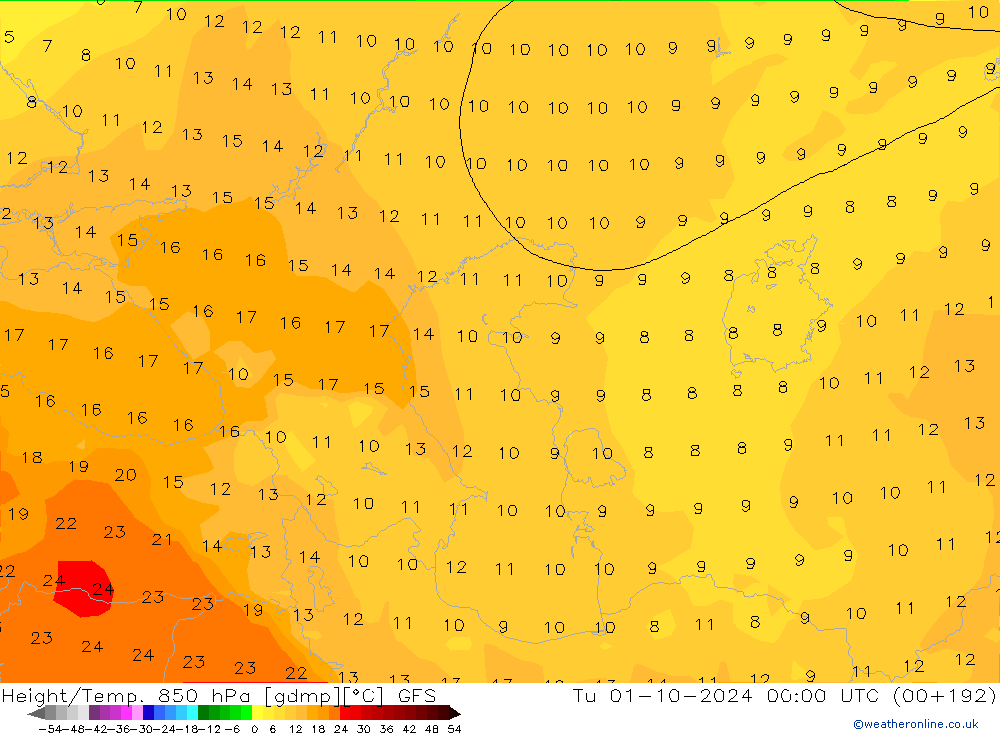 Height/Temp. 850 hPa GFS Tu 01.10.2024 00 UTC