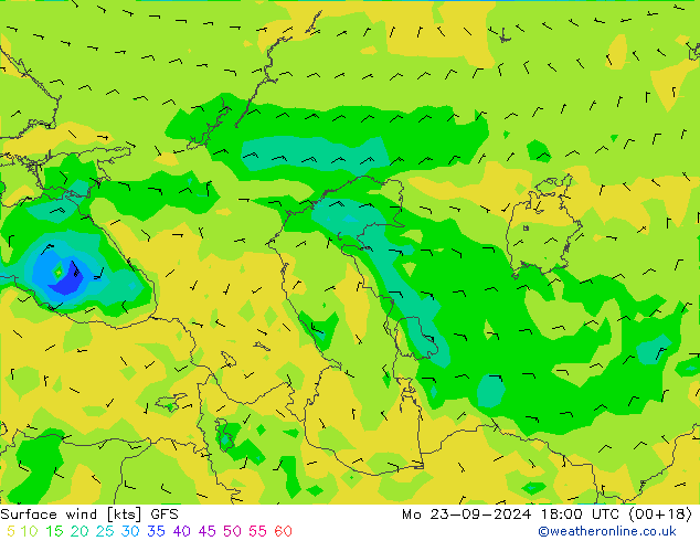 ветер 10 m GFS пн 23.09.2024 18 UTC