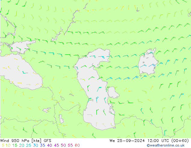 Wind 950 hPa GFS We 25.09.2024 12 UTC