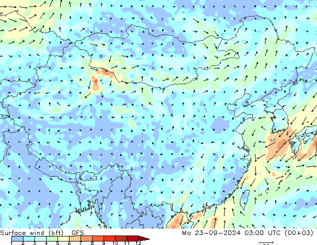 Surface wind (bft) GFS Mo 23.09.2024 03 UTC