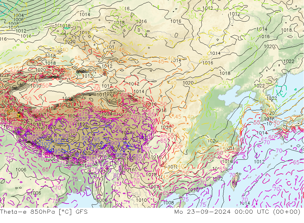 Theta-e 850hPa GFS Pzt 23.09.2024 00 UTC