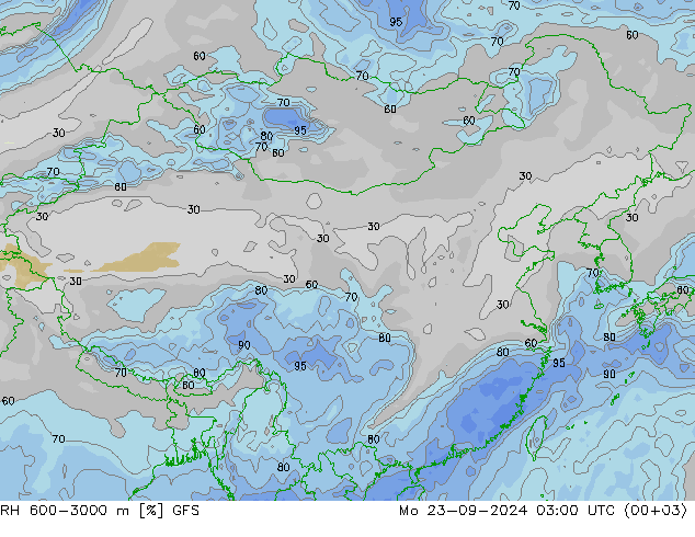 RH 600-3000 m GFS Mo 23.09.2024 03 UTC