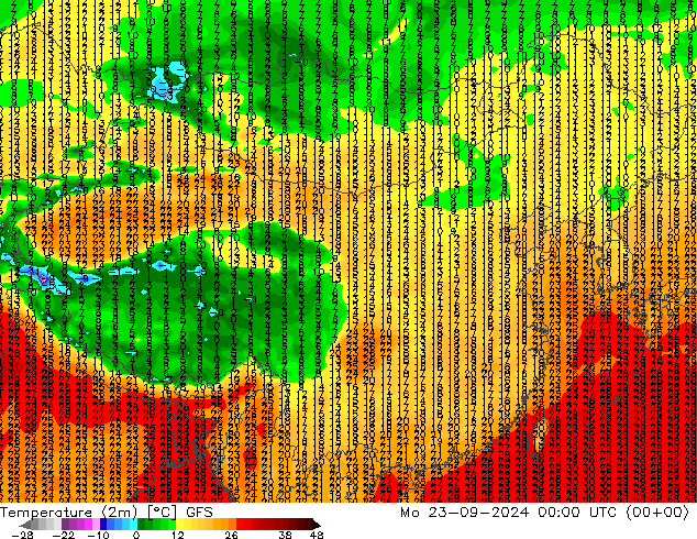 Temperatuurkaart (2m) GFS ma 23.09.2024 00 UTC