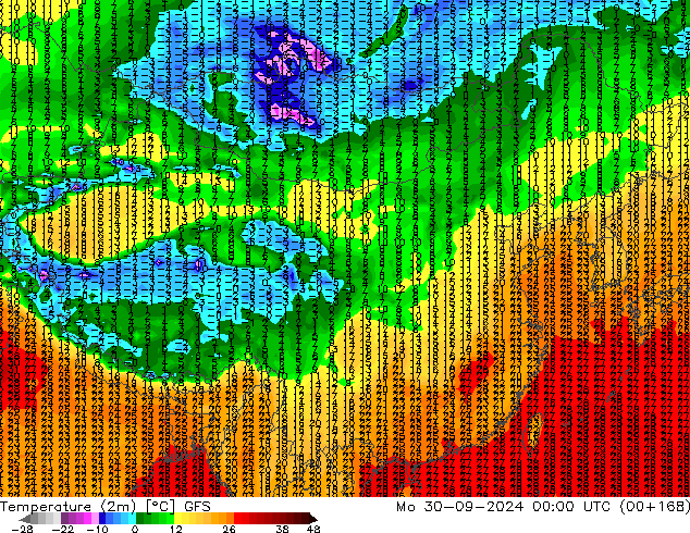 Temperature (2m) GFS Mo 30.09.2024 00 UTC