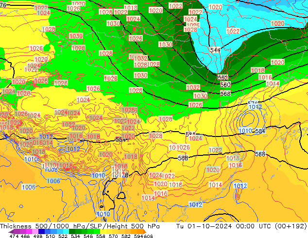 Thck 500-1000hPa GFS Ter 01.10.2024 00 UTC