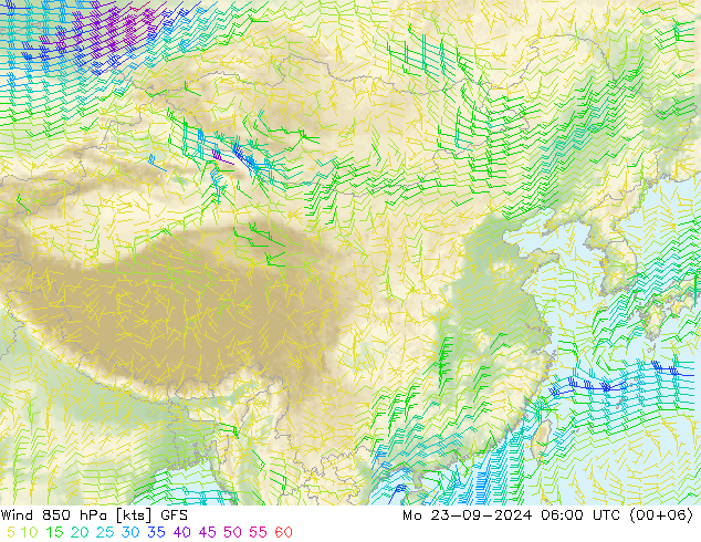 Viento 850 hPa GFS lun 23.09.2024 06 UTC