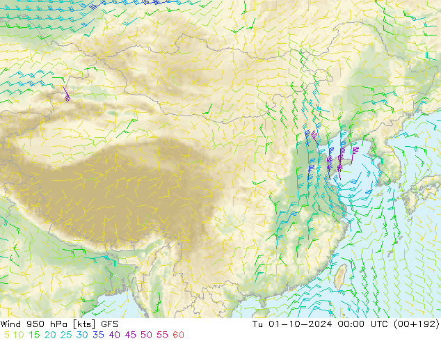 风 950 hPa GFS 星期二 01.10.2024 00 UTC